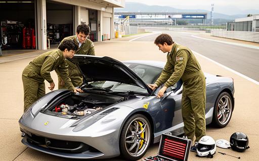 松本近郊の整備工場スタッフが顧客向けサーキット体験ツアーの車両を点検する場面