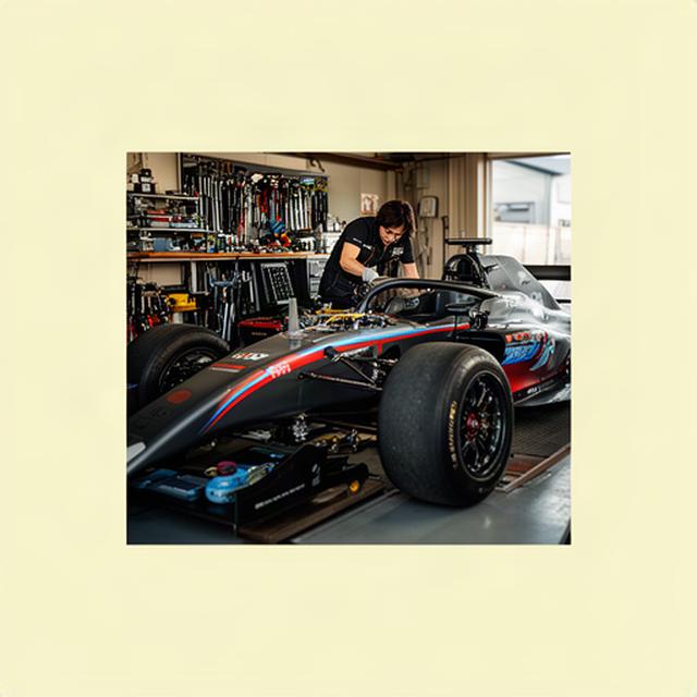 松本市鎌田のガレージで整備中のレーシングカーと工具を確認するスタッフ