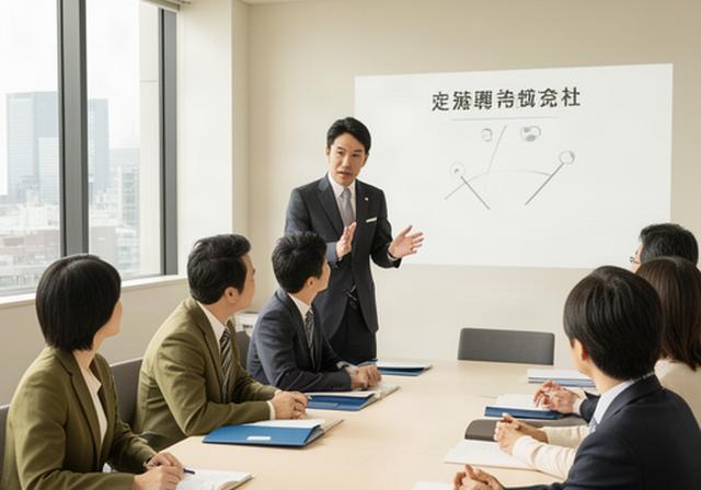 会議室で安全運転研修の説明を聞く長野県企業の社員