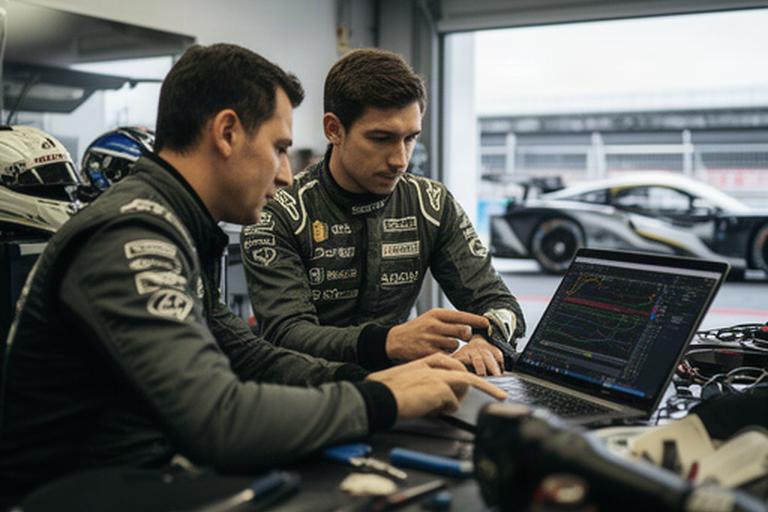 長野のピットで走行データを確認するレーシングコーチとドライバー