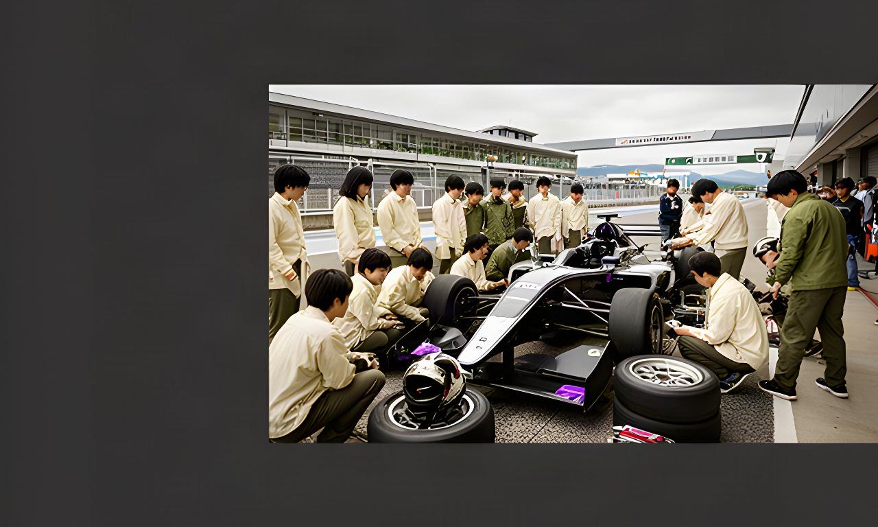 学生たちがレーシングカーを囲み、松本のサーキットで整備方法を学んでいる様子