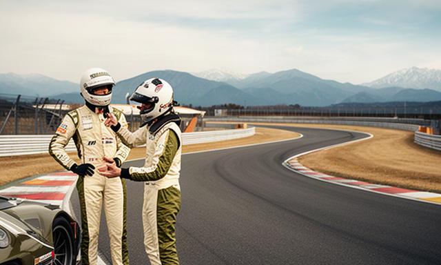 松本近郊のサーキットで走行ラインを確認するドライバーと指導スタッフ