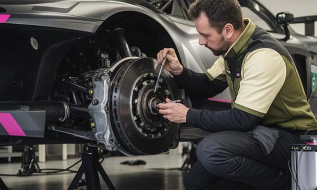 ピットで車両の足まわりを点検するレーシングエンジニア