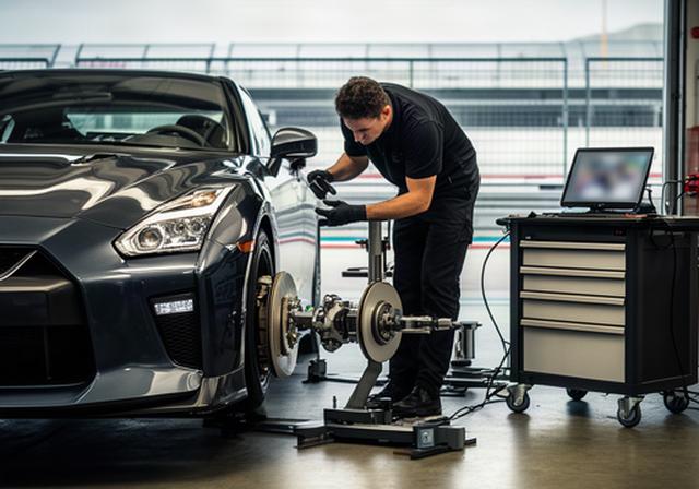 サーキットピットで点検を受けるR35 GT-Rと測定機器