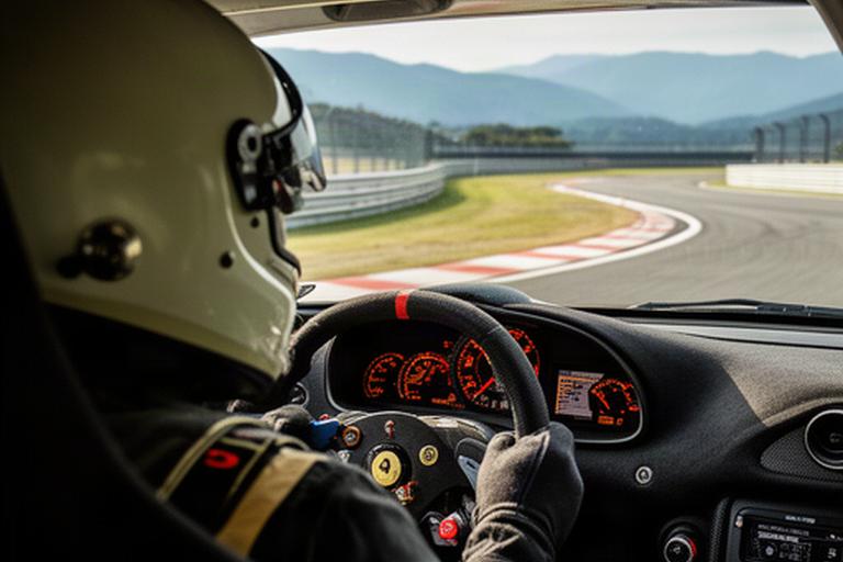 サーキットの実車コックピットからコーナーを見据えるドライバー