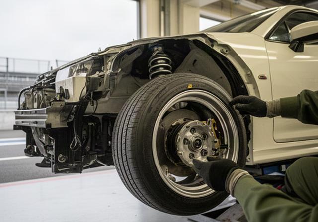 松本近郊のサーキットピットで整備されるGT-Rの足回りとレーシングホイール