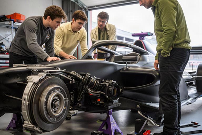 大学自動車部の学生がピットでレーシングカーの足回りを点検している様子